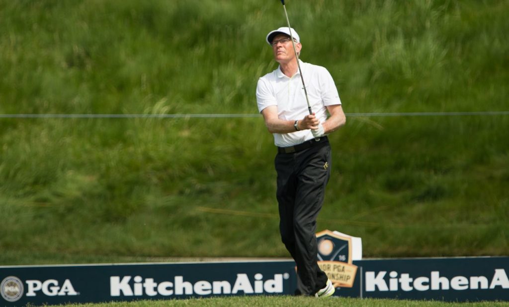 BENTON HARBOR, MI - MAY 28: Senior PGA Club Professional, Jeff Coston hits his tee shot on the 15th hole during the third round for the 77th Senior PGA Championship presented by KitchenAid held at Harbor Shores Golf Club on May 28, 2016 in Benton Harbor, Michigan. (Photo by Montana Pritchard/The PGA of America)